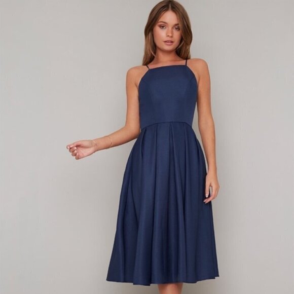 Chi Chi Cassandra High Neck Cami Strap Midi Dress Navy Blue - Picture 6 of 6